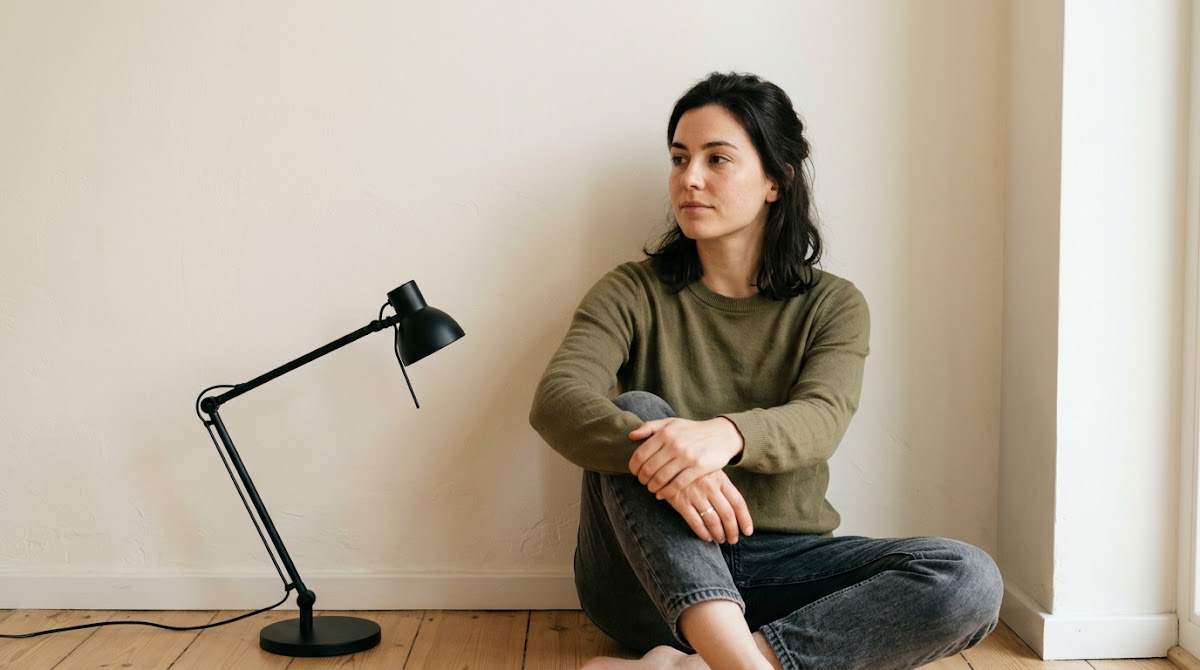Woman sitting alone on the floor beside a desk lamp