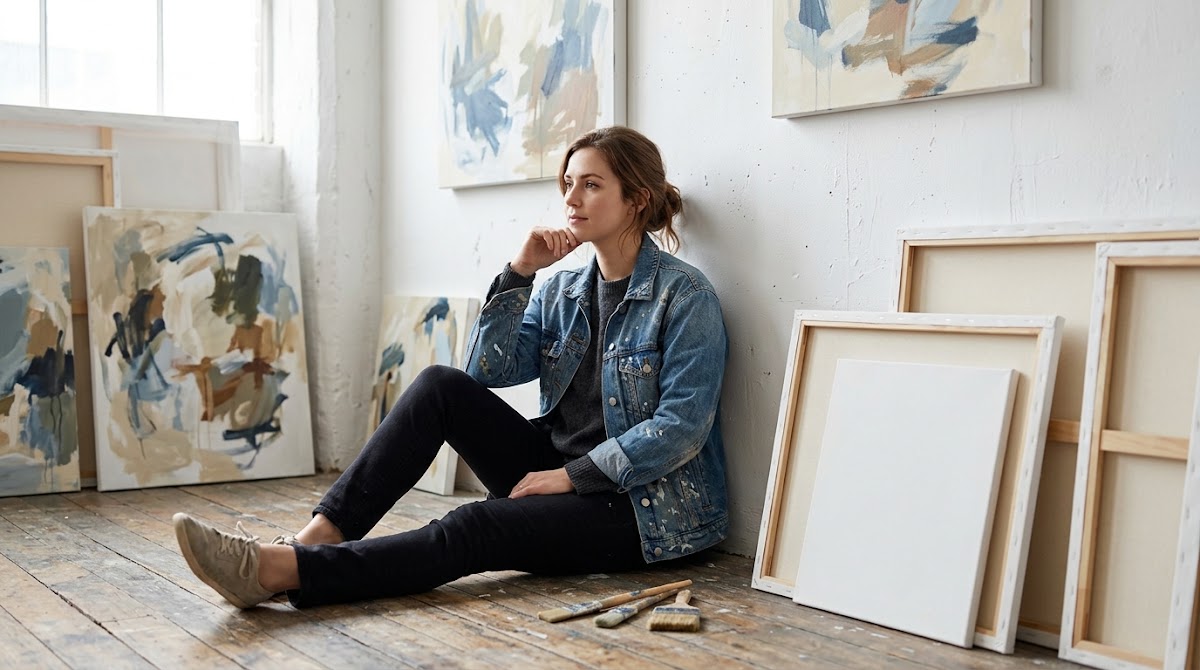Woman sitting among paintings in an art studio
