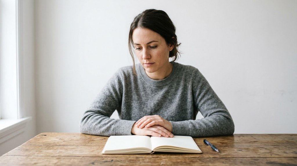 Woman sitting at a table with an open notebook