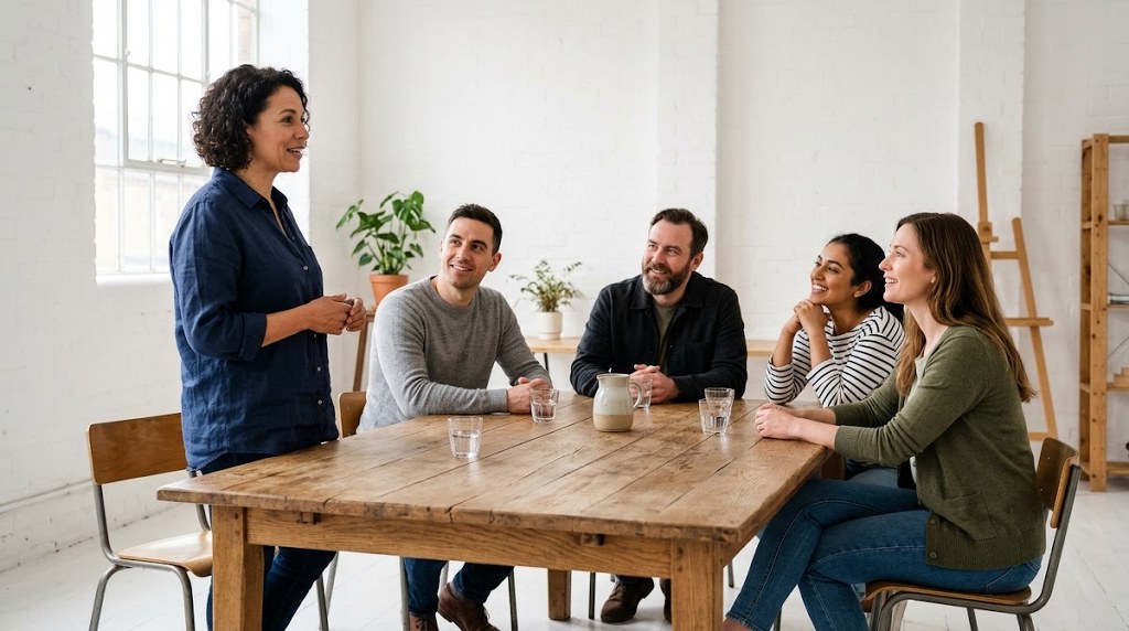 Woman speaking to a small group seated around a table