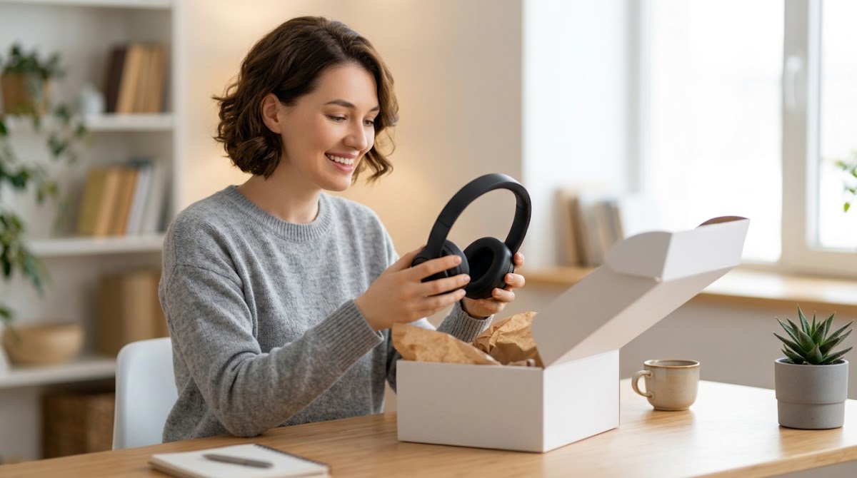 Woman unboxing headphones for a product review