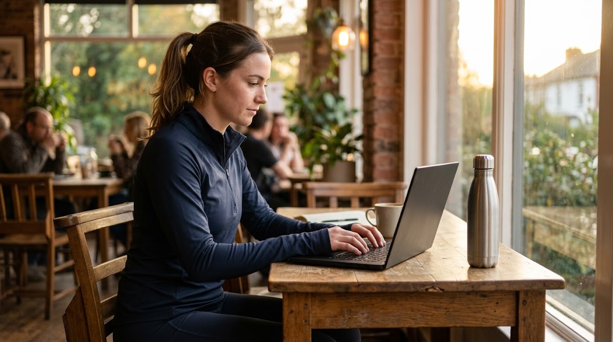 Woman using a laptop after a workout