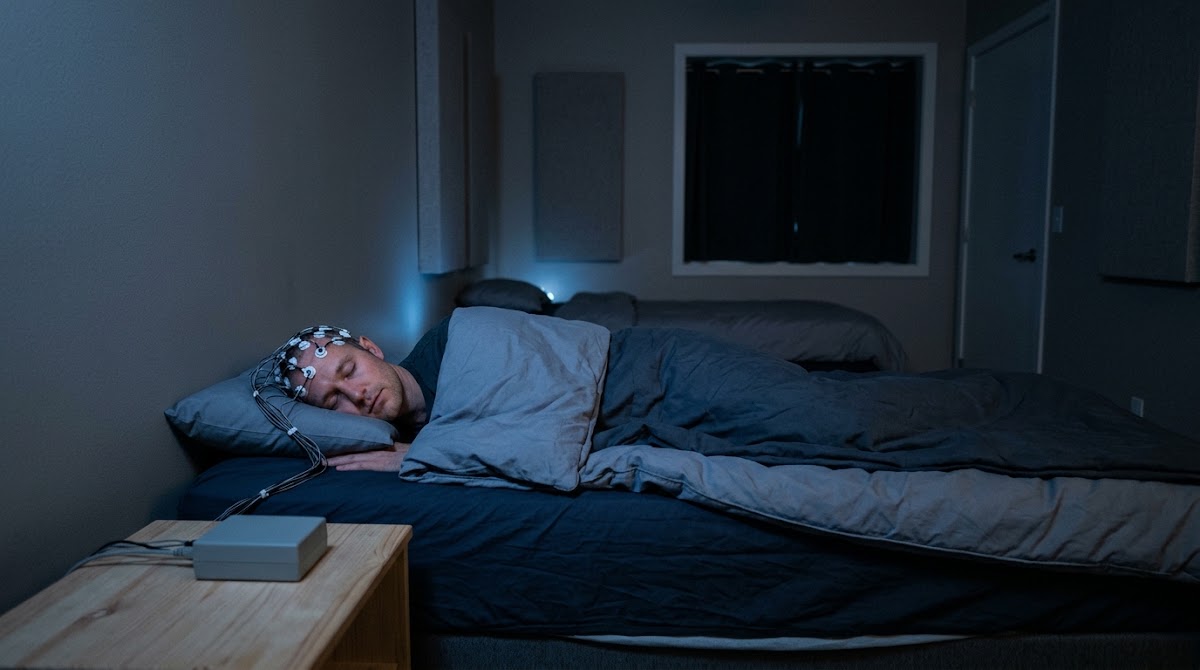 Woman waking up and stretching in bed