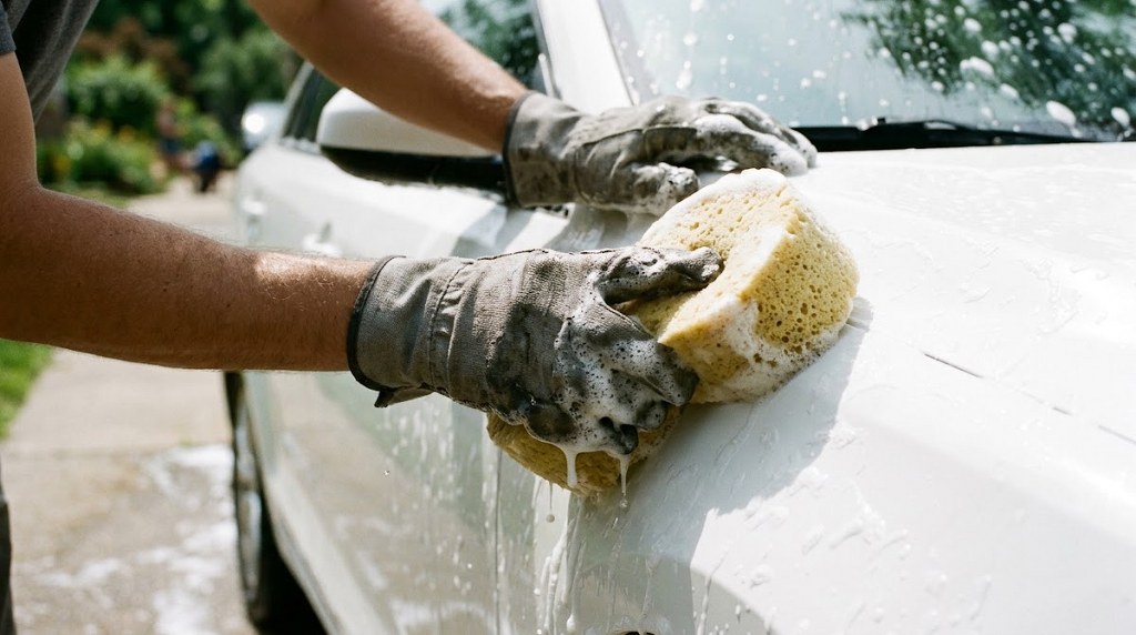 Worker washing a white car with a soapy sponge