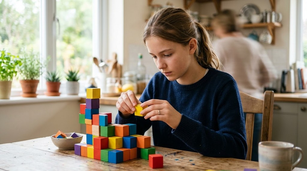 Young woman building a tower with colorful wooden blocks