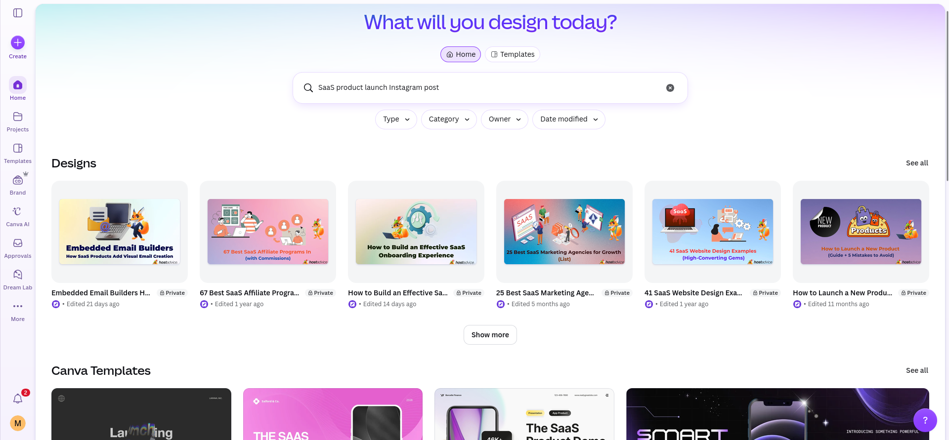 Canva search results for “SaaS product launch Instagram post,” showing existing designs, Canva templates, images, and videos; the page loaded in about five seconds and showed how broad Canva search can be.