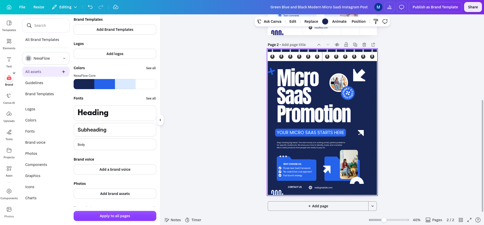 A duplicate template page after the NexaFlow Brand Kit colors were applied in one action, changing the page from the original green treatment to the saved navy and blue palette.