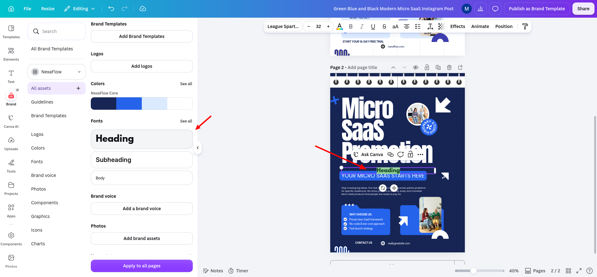 Canva Brand panel after clicking the saved Heading style, which inserted a new “Heading” placeholder instead of changing the selected headline; this was the first Brand Kit usability snag.