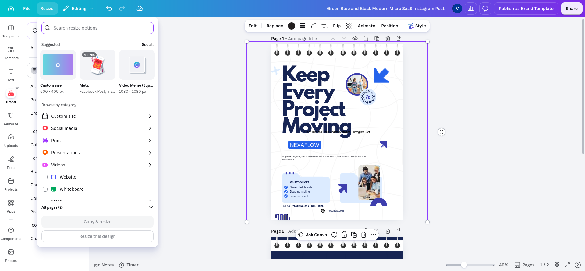 Canva Resize menu showing suggested sizes, category choices, and the Copy & resize workflow; this was the starting point for repurposing the finished NexaFlow design.