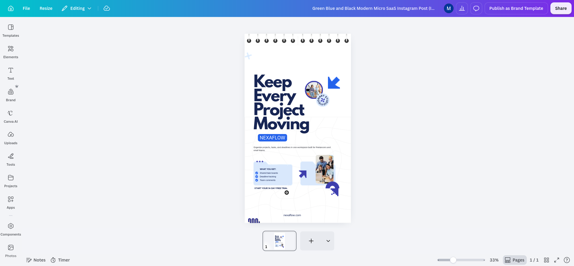 Automatically resized Instagram Story version of the NexaFlow design in a new Canva tab; the main headline, colors, copy, and image were preserved after resizing.
