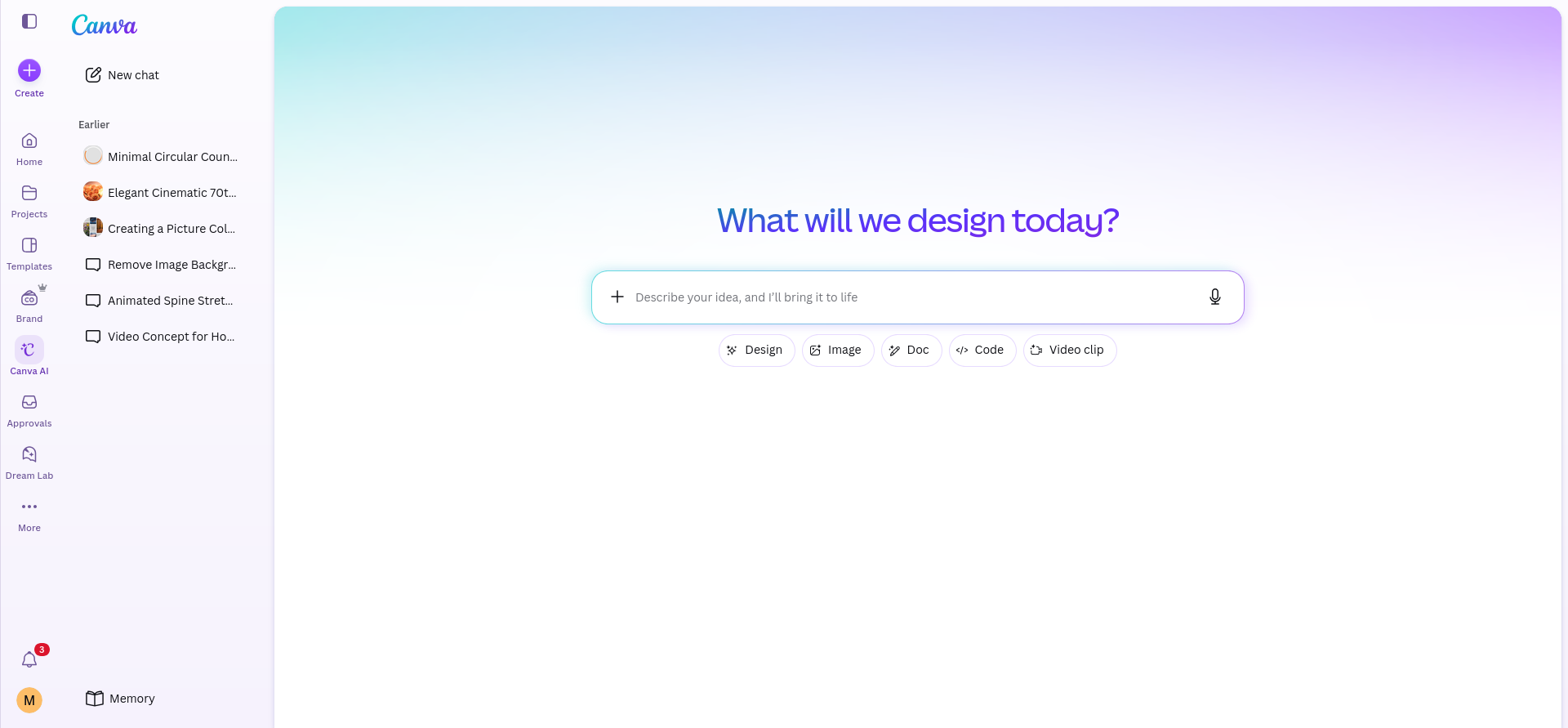 Canva AI workspace before generation, with a conversational prompt field and options for design, image, document, code, and video clip creation; this was the starting point for my controlled AI test.