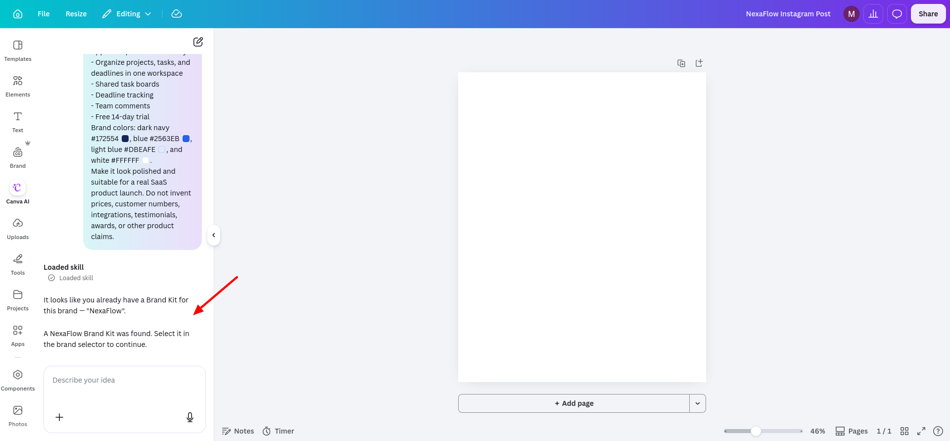 Canva AI response detecting an existing NexaFlow Brand Kit and asking me to select it before continuing; this showed that the AI could connect the prompt to saved brand assets.
