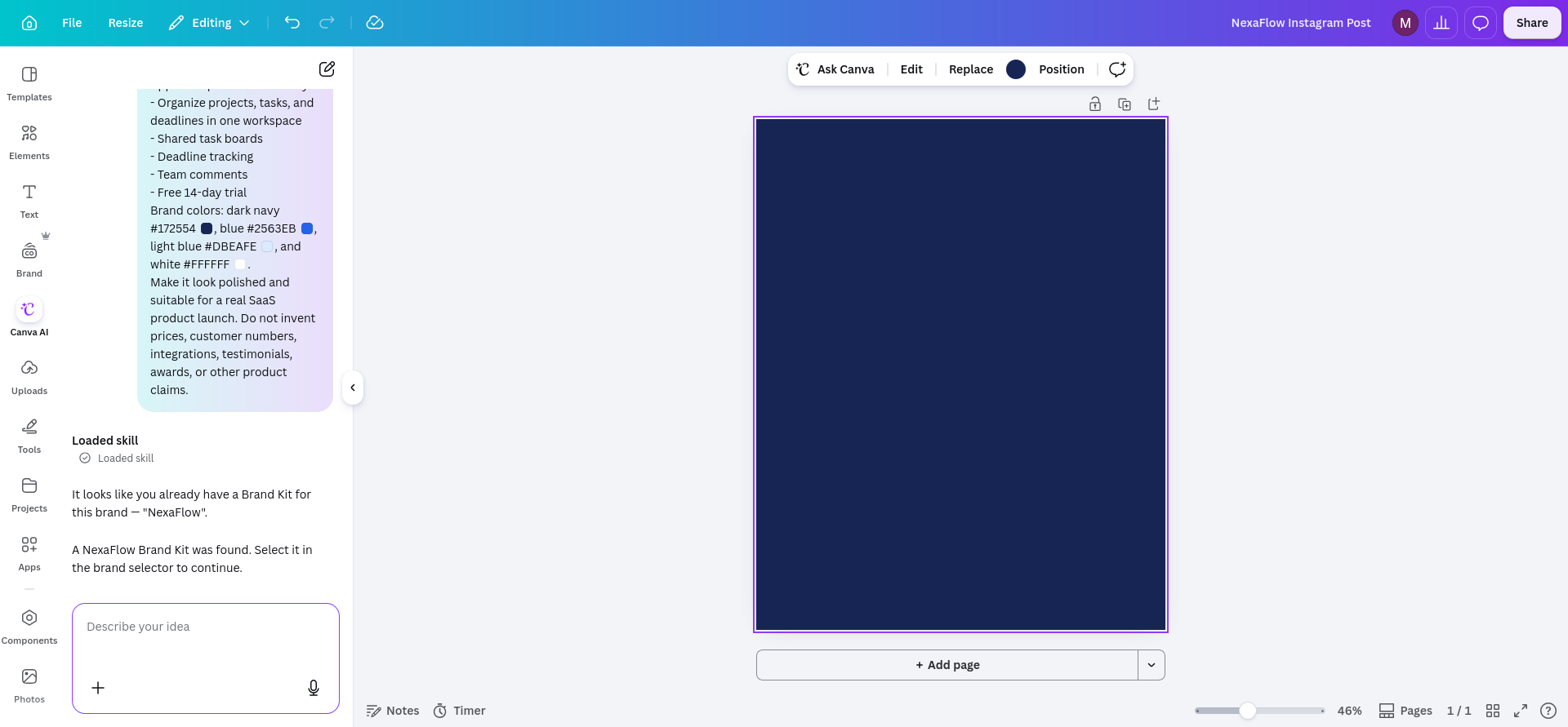 Canva AI after I selected the NexaFlow Brand Kit outside the chat, with only a navy canvas and no automatic continuation; this captures the Brand Kit handoff friction I encountered.
