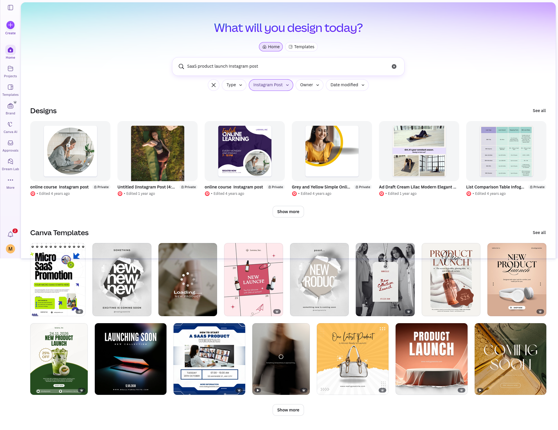 Instagram Post-filtered Canva template results showing multiple launch and product templates; this demonstrates how quickly filtering reduced the broader search to relevant social layouts.