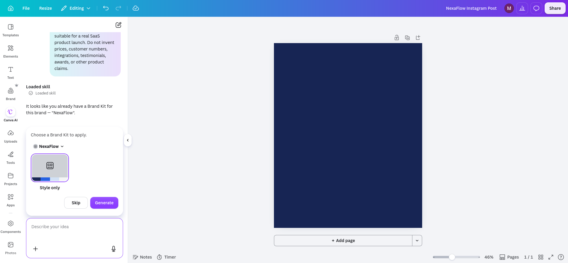 Canva AI Brand Kit selector with NexaFlow chosen as “Style only” before generation; this clarified how the AI applied the saved brand identity to the prompt.