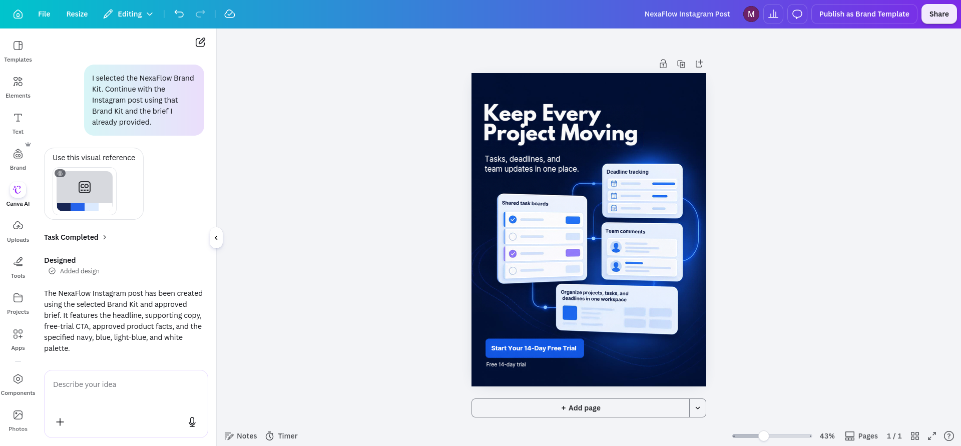 First Canva AI-generated NexaFlow Instagram design after about 2 minutes 35 seconds of pure generation, using the requested navy and blue palette and the approved product facts.