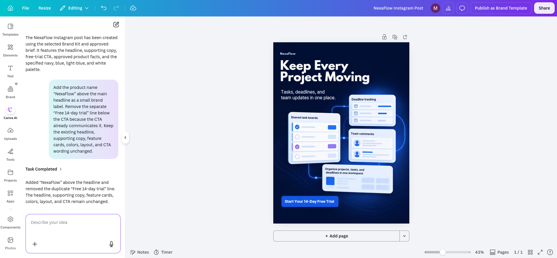 Canva AI after a 25.73-second targeted revision, with NexaFlow added above the headline and the duplicate free-trial line removed while the rest of the design stayed intact.