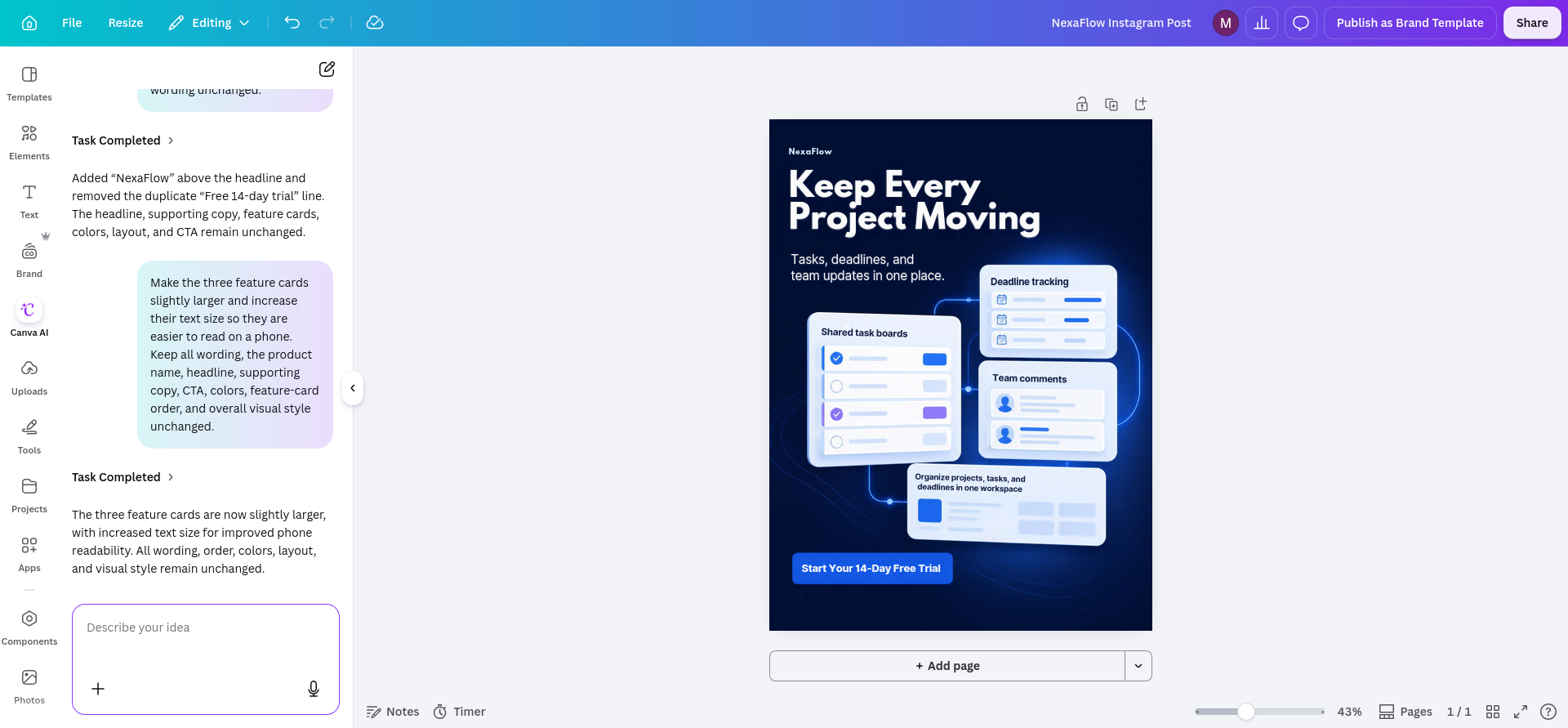Canva AI after a 24-second readability revision, with larger feature cards and text while preserving the headline, NexaFlow label, CTA, colors, and layout style.