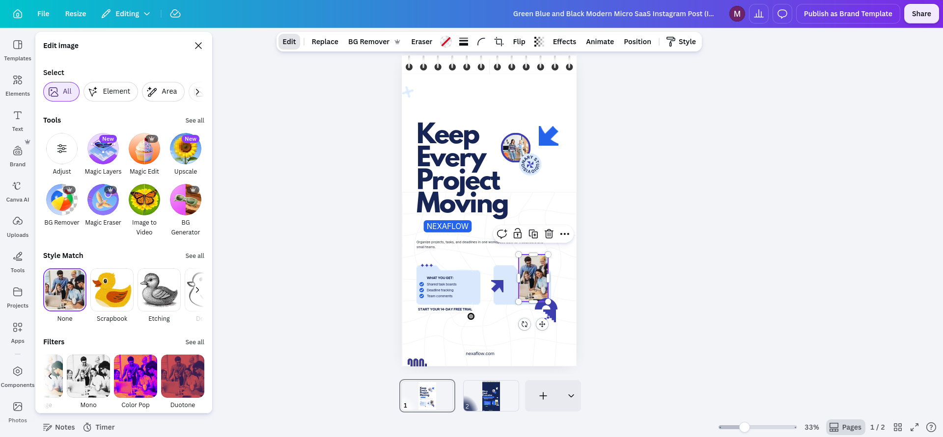 Canva Edit image panel showing Magic Studio tools such as Magic Layers, Magic Edit, Upscale, BG Remover, Magic Eraser, Image to Video, and BG Generator around the selected team photo.