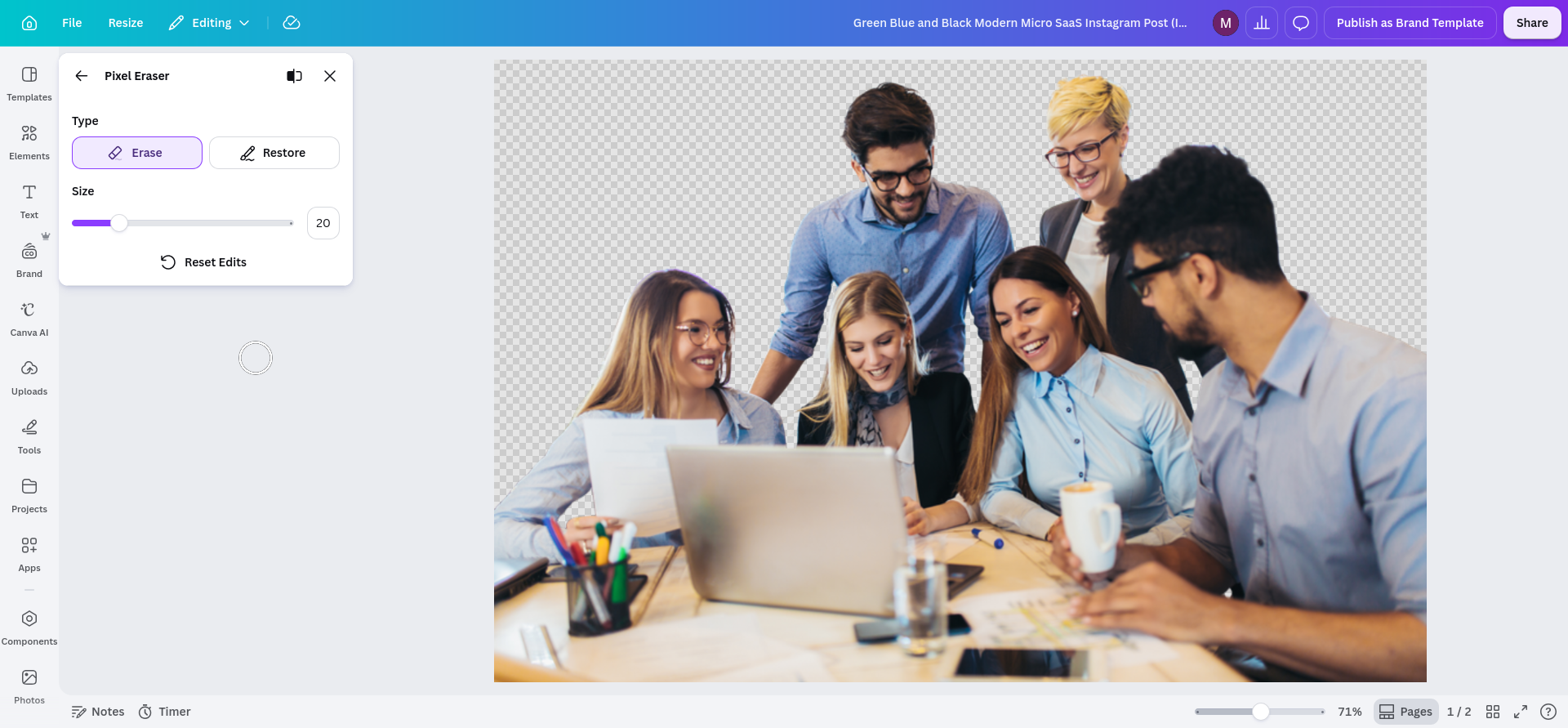 Canva Background Remover result after about five seconds, showing the multi-person team photo isolated against transparency with Erase and Restore controls available for cleanup.