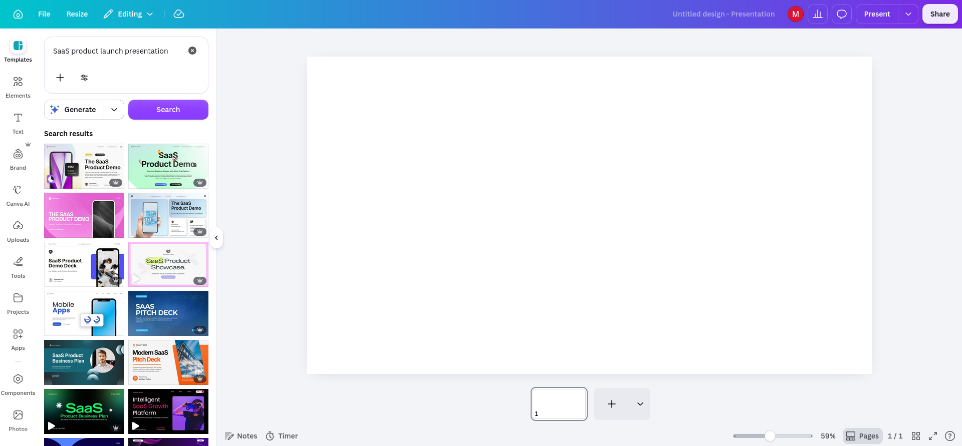 Canva presentation template results for “SaaS product launch presentation,” showing multiple SaaS product demo and pitch-deck options returned immediately.