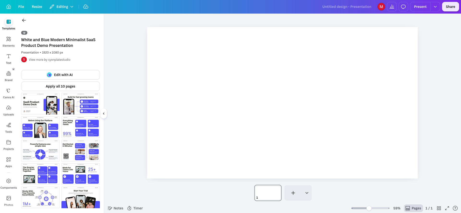 Overview of the selected 10-page SaaS Product Demo Presentation template, with all slide layouts visible before I chose the four pages needed for NexaFlow.