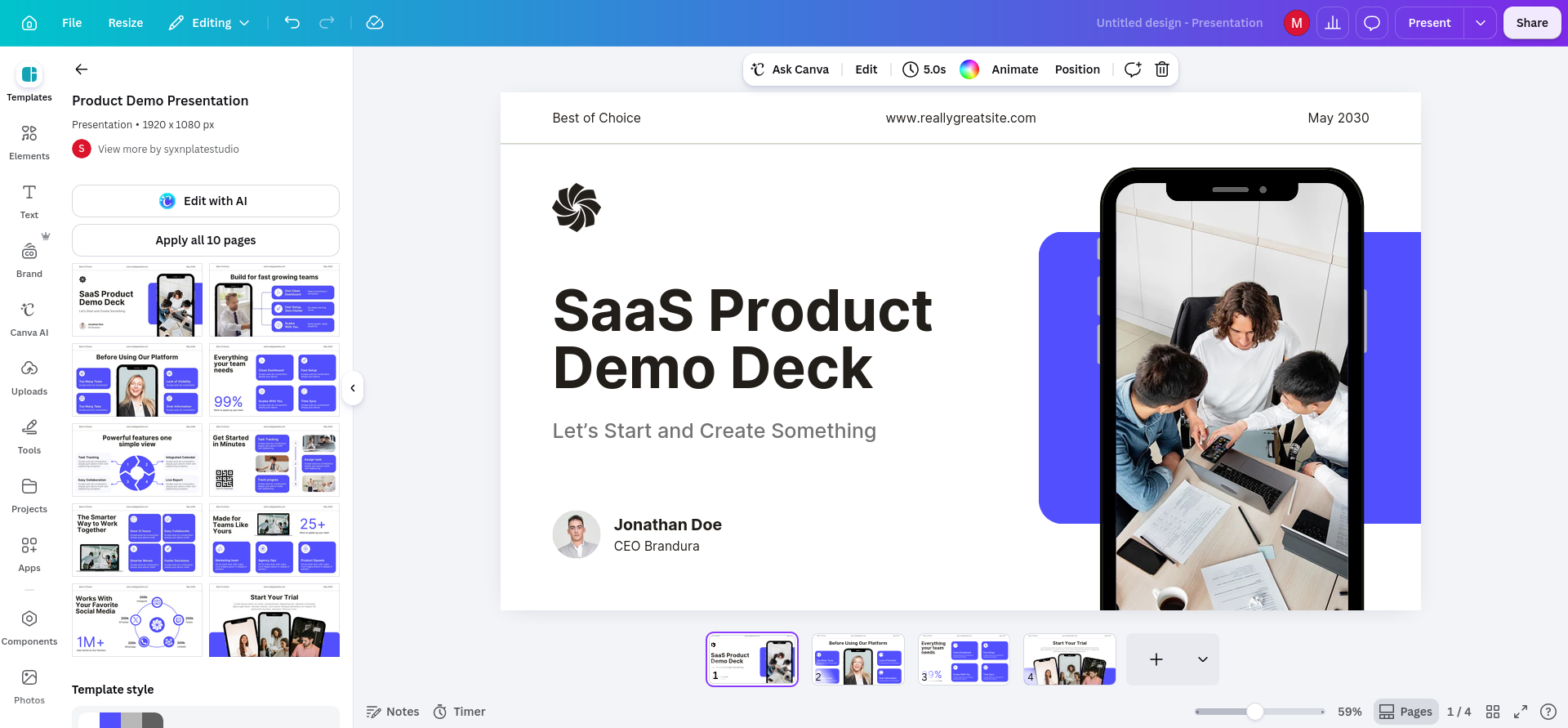 Four selected layouts from the 10-page template added to the presentation, still showing the original sample copy before I replaced unsupported claims and identity details.