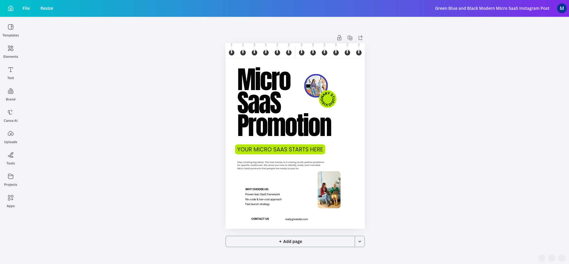 The untouched Micro SaaS Promotion template opened in Canva’s editor; this was my starting layout before changing the content, colors, and imagery for NexaFlow.