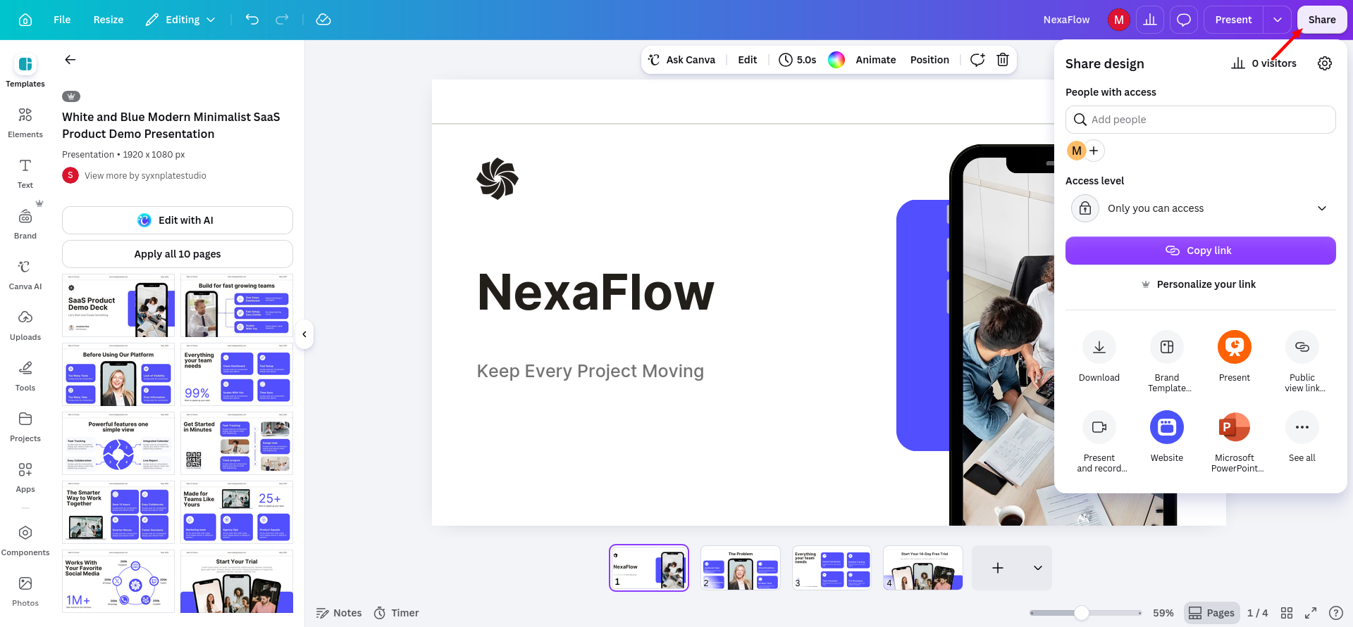 Canva Share design panel on the NexaFlow deck, showing private access by default plus link sharing, public view, download, presentation, website, and Microsoft PowerPoint options.
