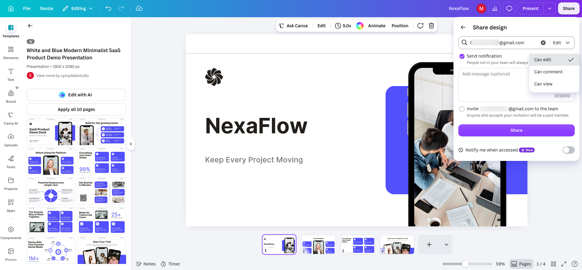 Canva direct-invite permission menu showing Can edit, Can comment, and Can view, with the paid team-member invitation left unchecked for the external reviewer.