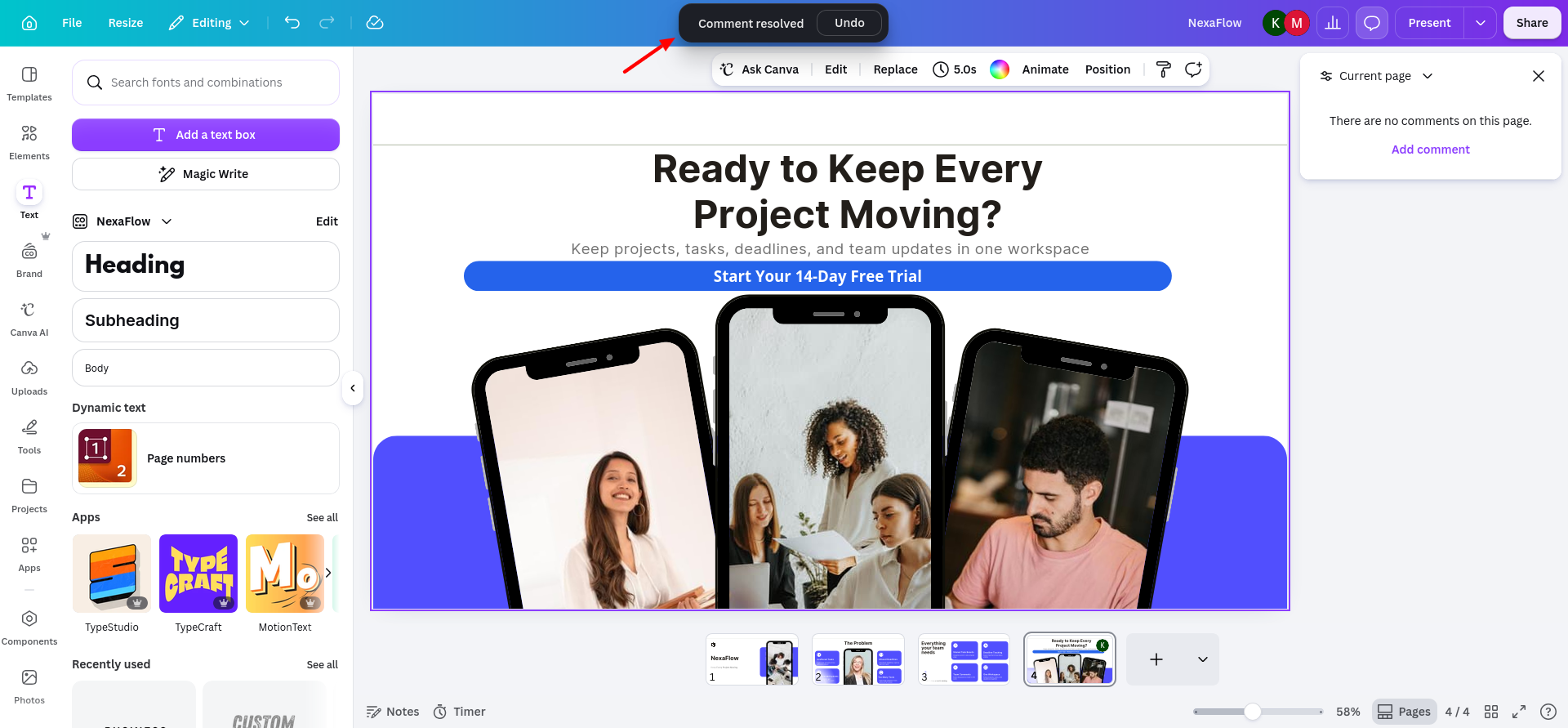 Canva confirmation that the comment was resolved, with the revised CTA still visible and no active comments remaining on the page.