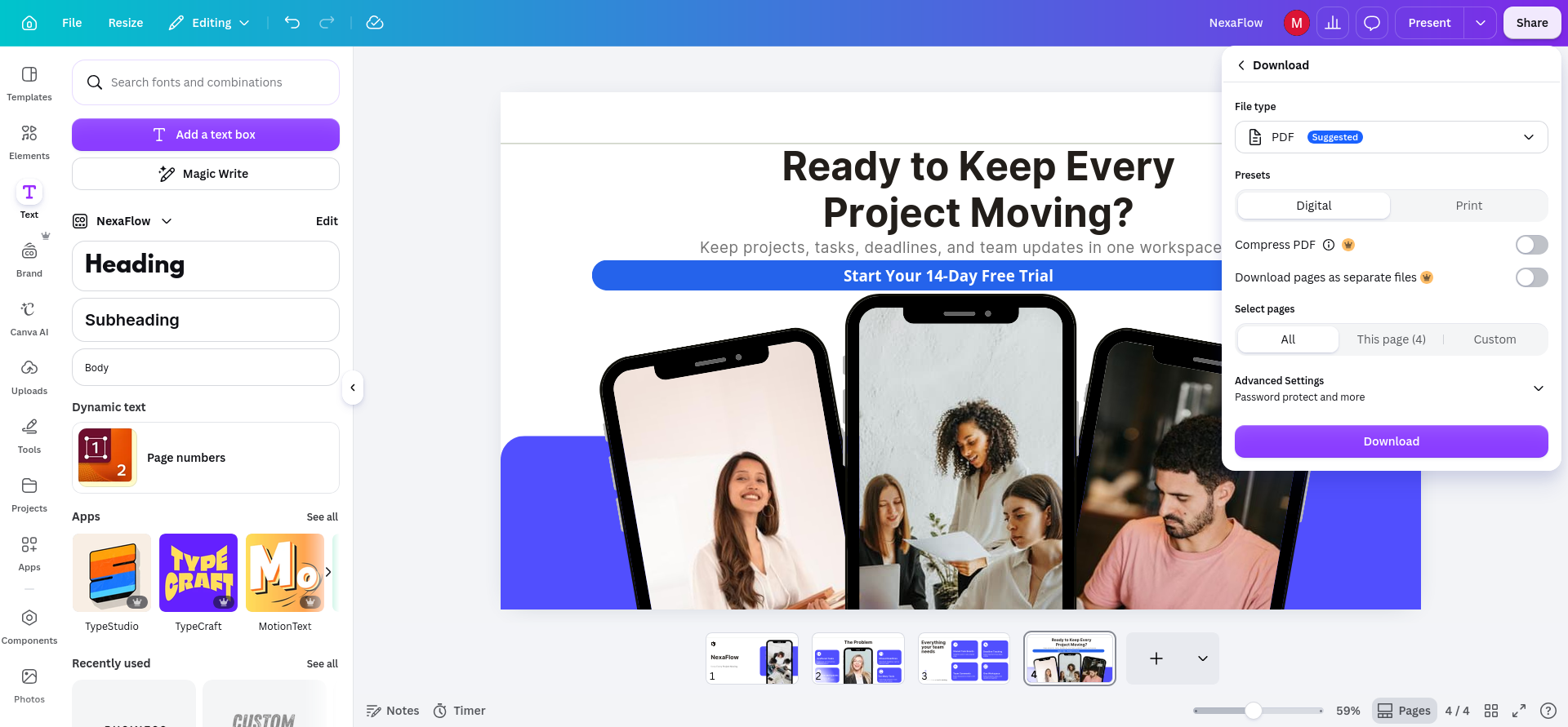 Canva presentation Download panel with PDF selected, Digital and Print presets, page selection, compression, separate-file, and advanced settings; I used the standard Digital PDF for the export test.