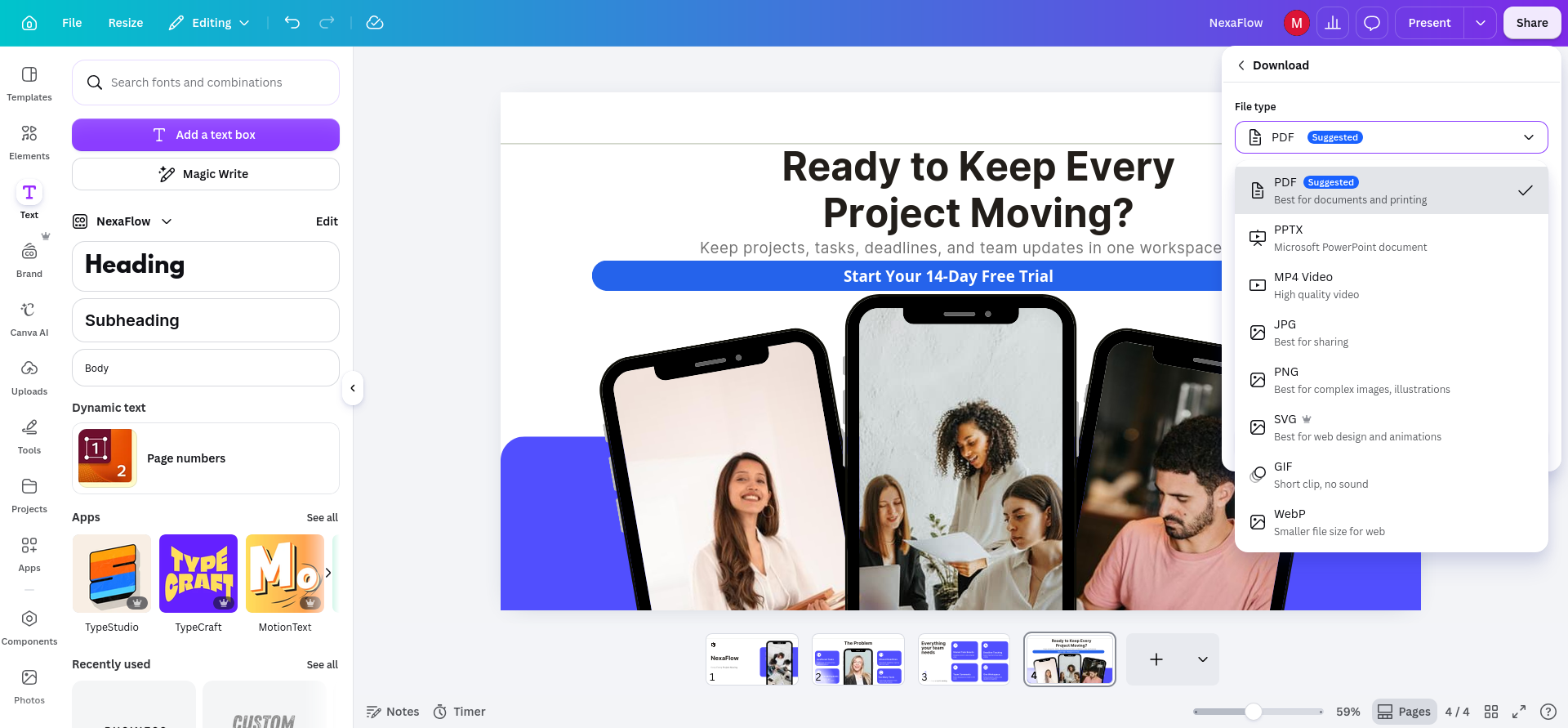 Canva Download file-type list showing PDF, PPTX, MP4, JPG, PNG, SVG, GIF, and WebP; this confirms PowerPoint export is available directly from the standard download menu.