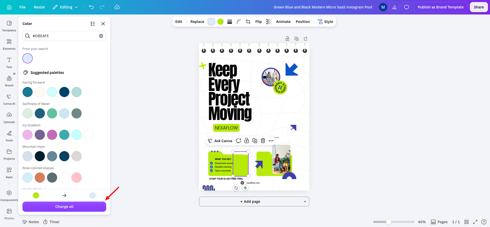 Canva color panel showing the “Change all” control while I replaced a recurring template color; this reduced repetitive manual edits during the NexaFlow redesign.