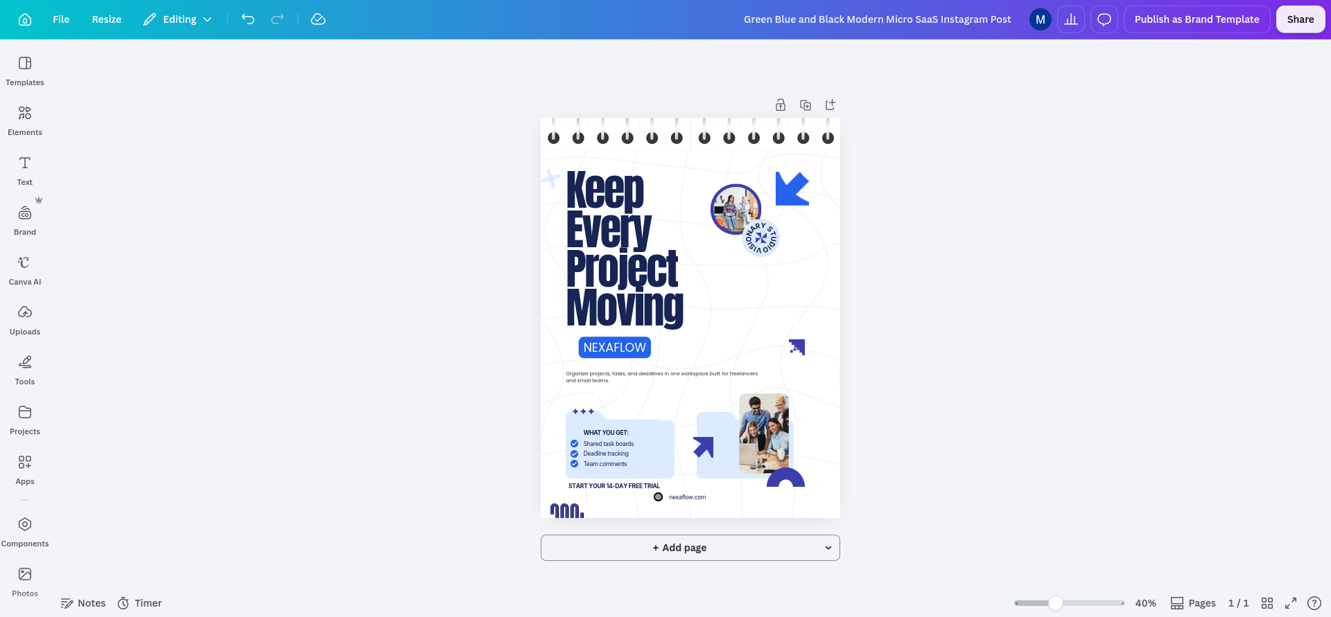 My finished manual NexaFlow social design in Canva after about 12 minutes, with the new headline, product label, approved feature copy, blue palette, and replacement team photo.