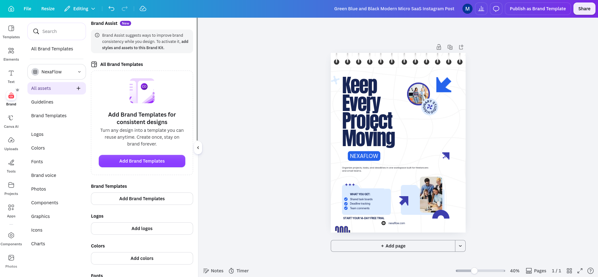 New empty NexaFlow Brand Kit showing separate sections for logos, colors, fonts, brand voice, photos, components, graphics, icons, and charts; this shows the reusable brand structure before I added assets.