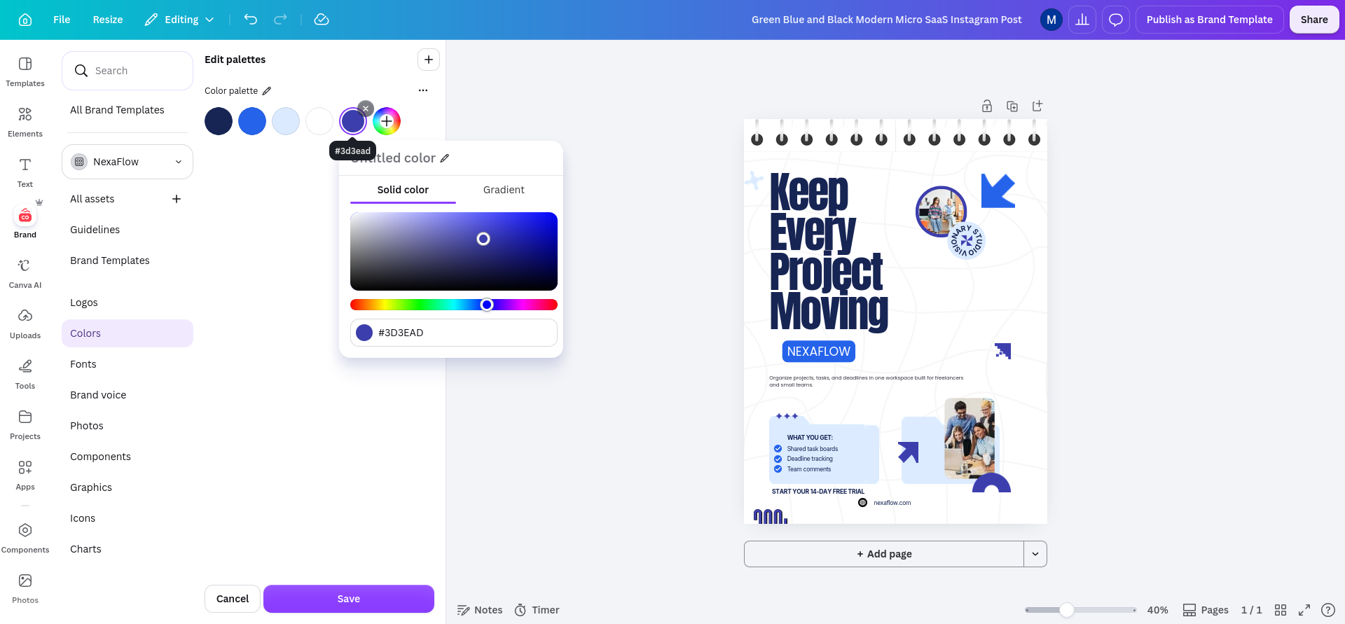 NexaFlow Brand Kit color editor with the custom palette and hexadecimal color entry field visible; this documents the manual setup of exact reusable brand colors.