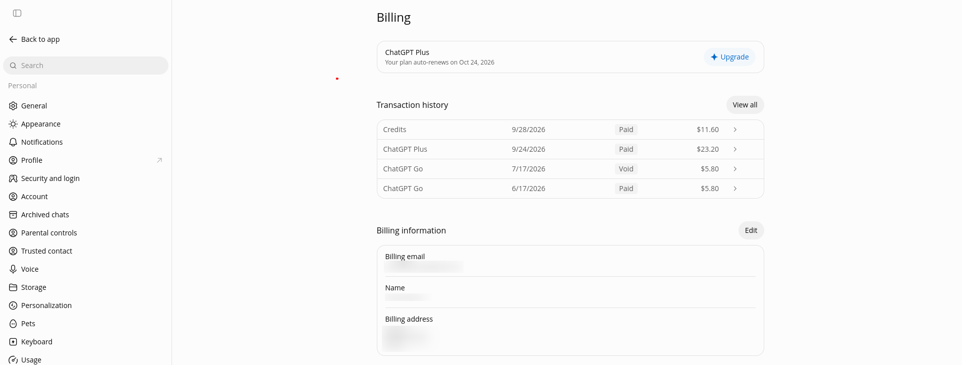 ChatGPT Plus account and billing screen showing the active subscription, a $23.20 September transaction, and the next renewal date, documenting the actual cost of the tested account.