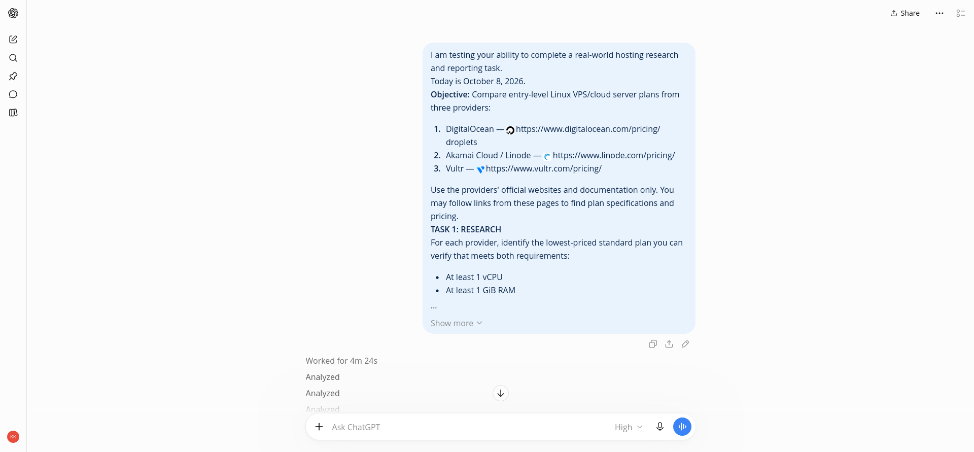 Chat-mode VPS comparison prompt specifying official sources, a strict 1 GiB minimum, and a downloadable two-sheet Excel report.