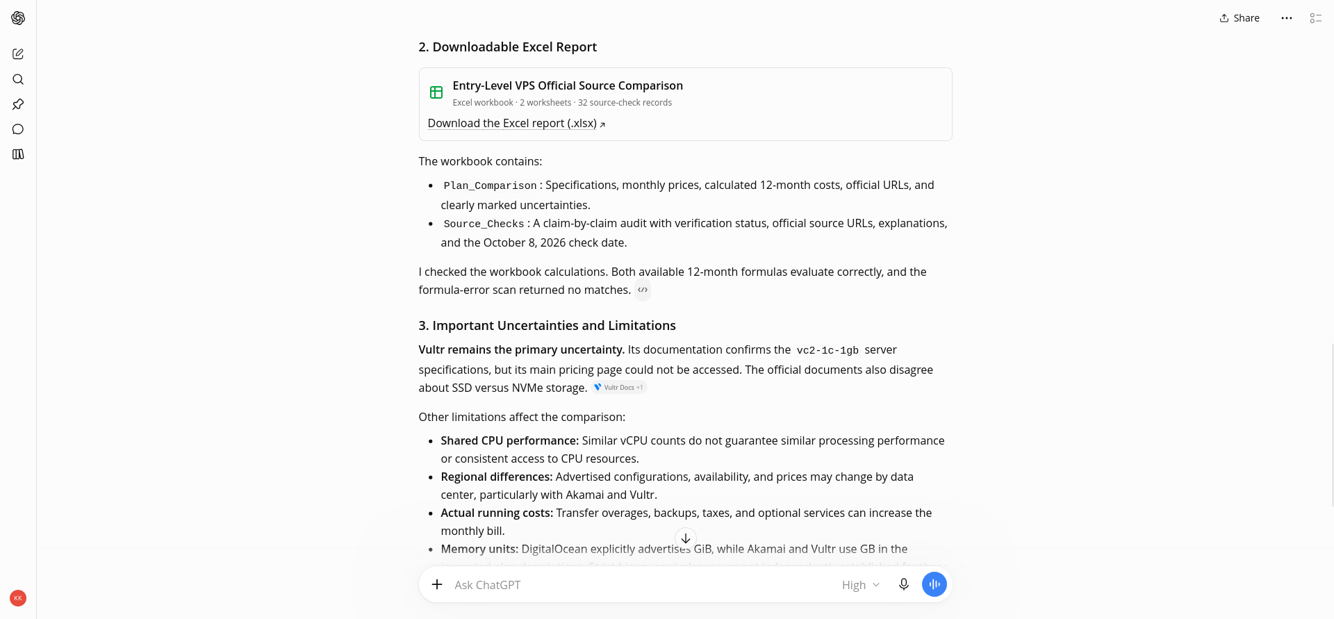 Chat’s VPS price comparison showing DigitalOcean at $6, Akamai at $5, and Vultr unverified, alongside a recommendation that did not fully enforce the 1 GiB criterion.