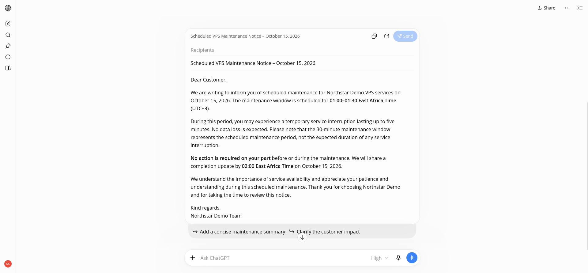 Baseline Northstar Demo maintenance email showing a correct factual response without the later requested subject-and-three-bullet structure.