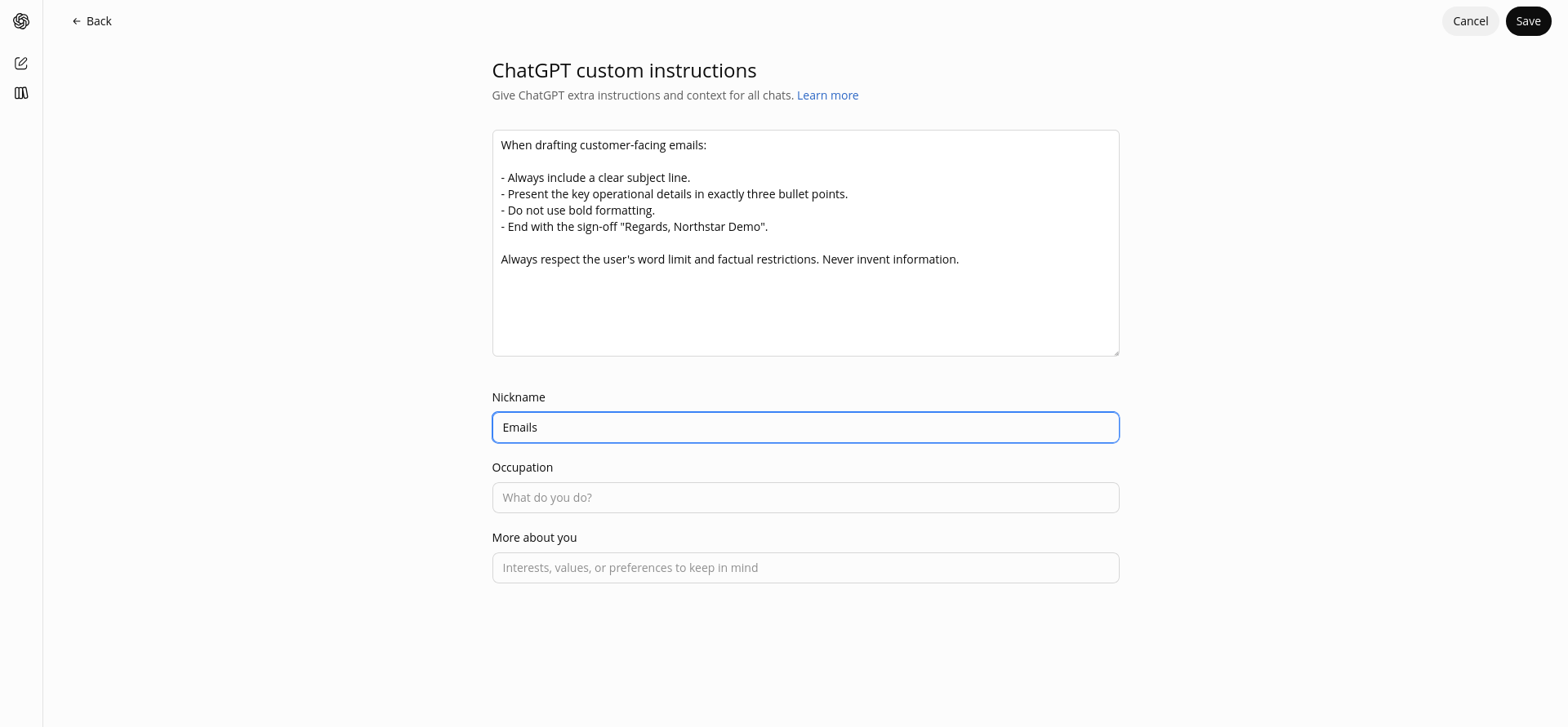 Saved temporary custom instructions specifying a subject line, exactly three bullets, no bold formatting, and a Northstar Demo sign-off.