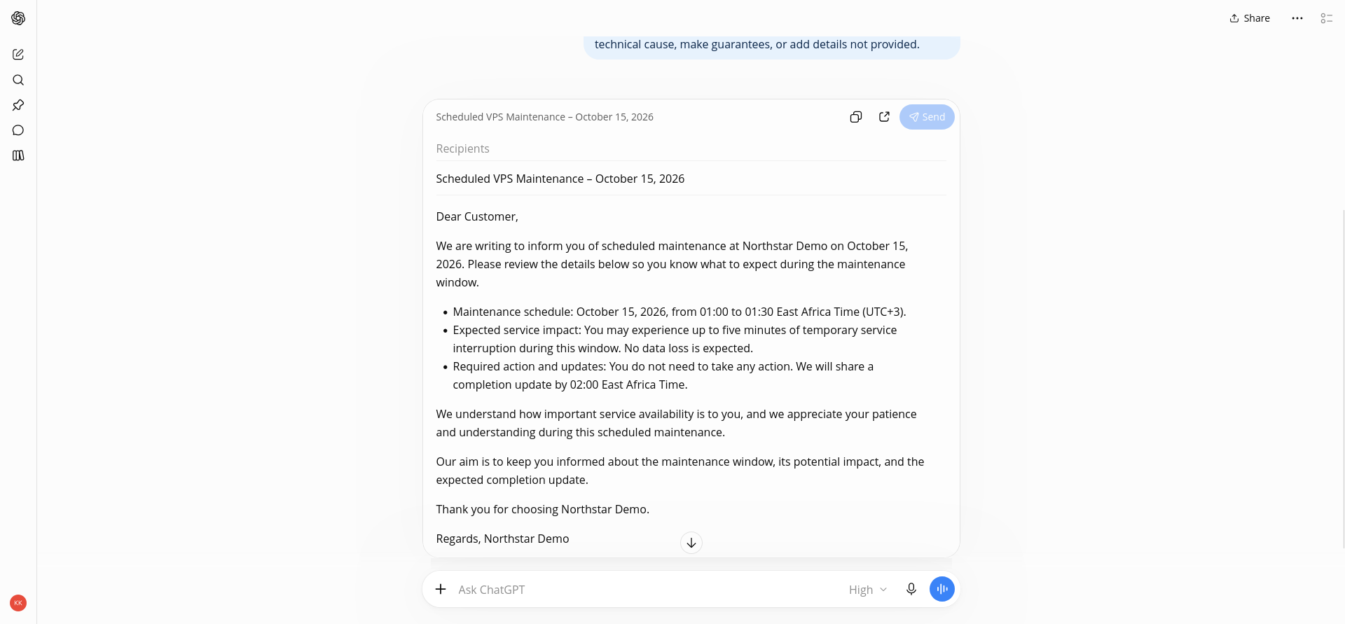 Personalized email with a subject line, exactly three operational bullets, and the required sign-off, demonstrating that saved instructions shaped a new chat.