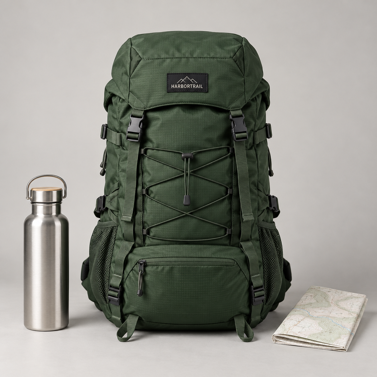 Original HarborTrail packshot showing one forest-green hiking backpack, a silver bottle on the left, a folded map on the right, and the correctly spelled front brand patch.