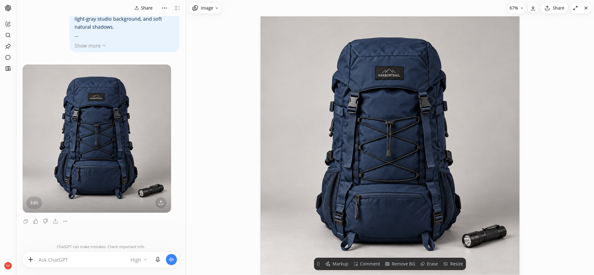 Edited HarborTrail packshot showing the backpack recolored navy, the silver bottle removed, and a black flashlight substituted for the folded map while retaining the branding.