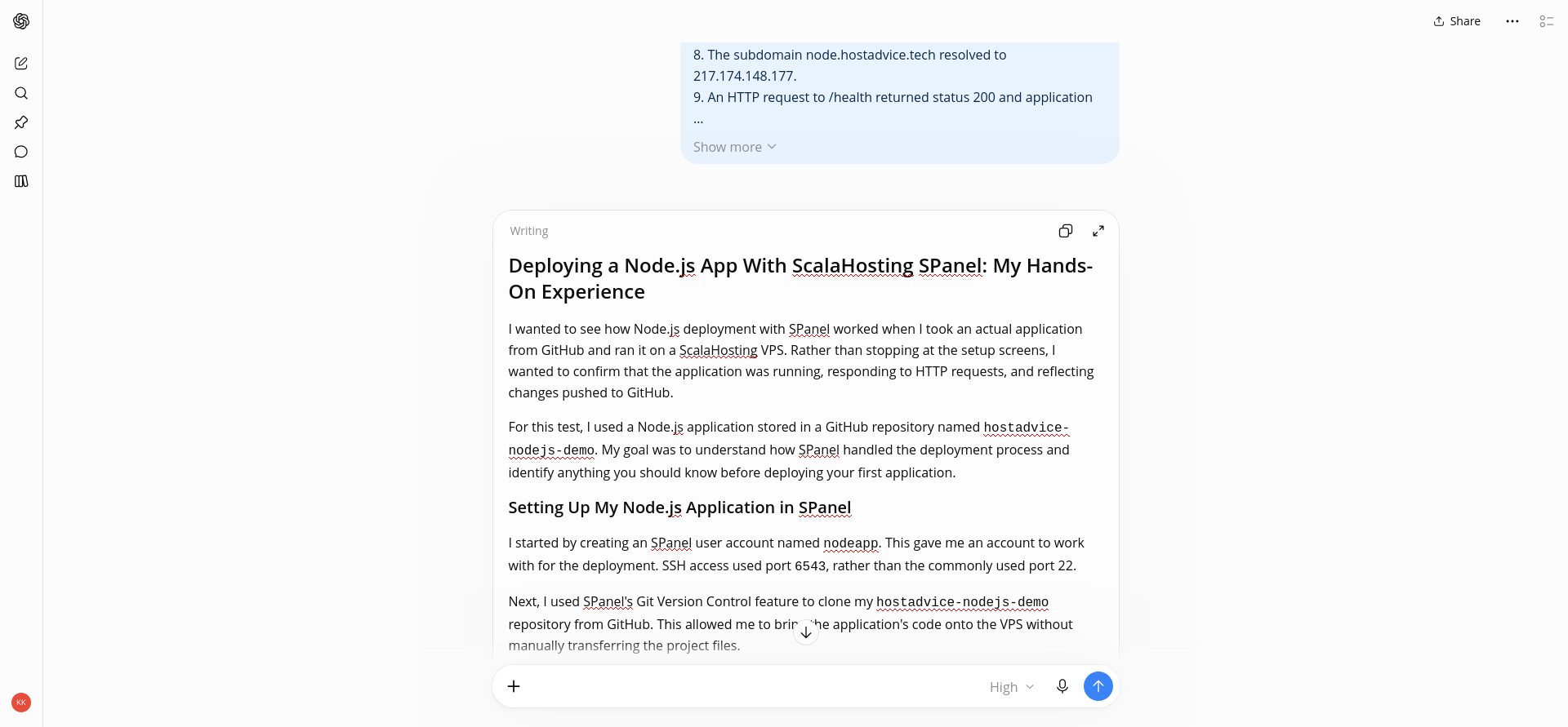 First ChatGPT draft of the ScalaHosting SPanel Node.js article, showing a complete response built around the supplied deployment facts.