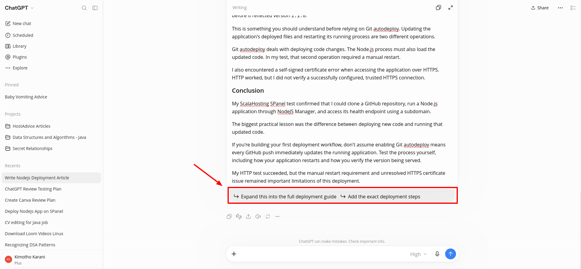 Follow-up options beneath the first writing draft, illustrating the conversational revision controls available after generation.