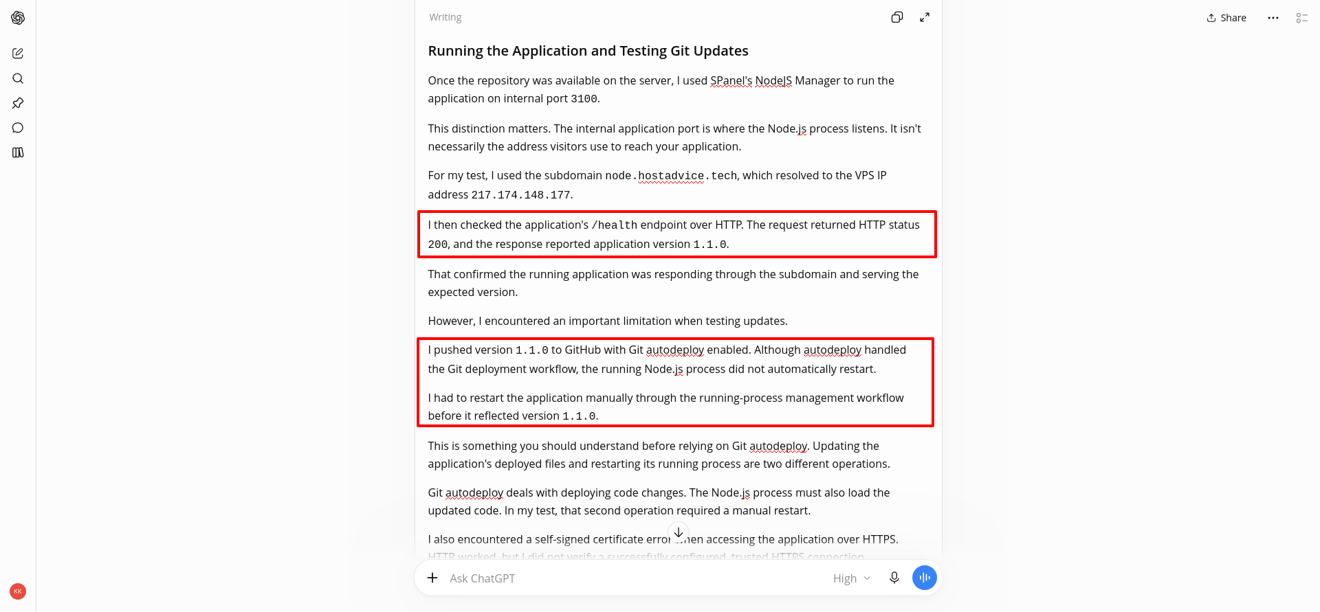 Annotated excerpt highlighting where the initial article described verifying version 1.1.0 before the GitHub push and process restart.