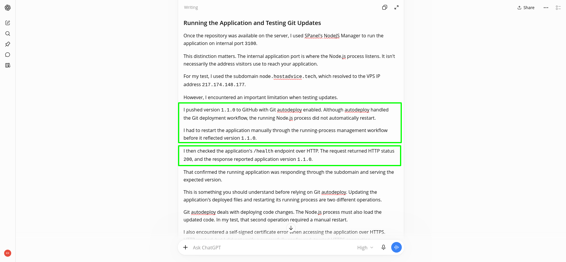 Annotated corrected deployment paragraph showing GitHub push, SPanel autodeploy, manual Node.js restart, and version 1.1.0 verification in the right sequence.