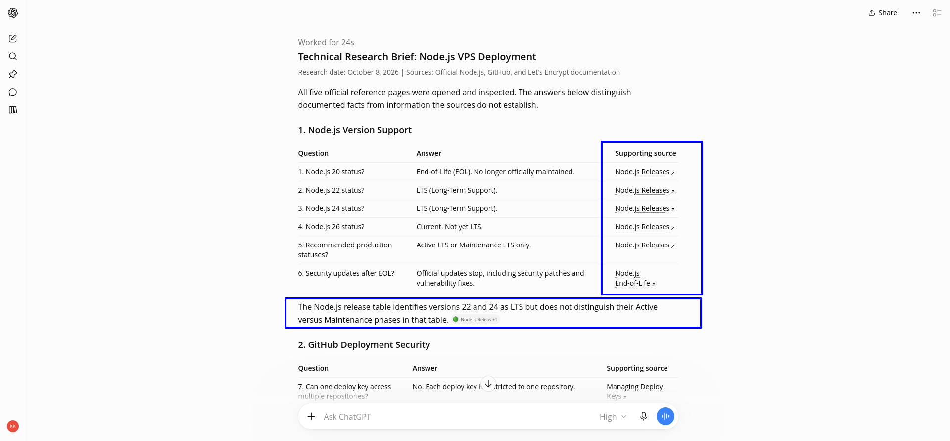 Research response displaying source references alongside the Node.js, GitHub, and Let’s Encrypt answers, showing how citations appear inside ChatGPT.